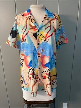 Lenasso Blouse Top Abstract Blue Beige Coastal Boho Artsy Cruise Travel Resort